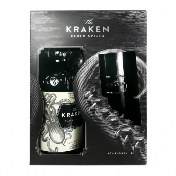 The Kraken Black Spiced Rum with 1 Glass 40% 1L GB